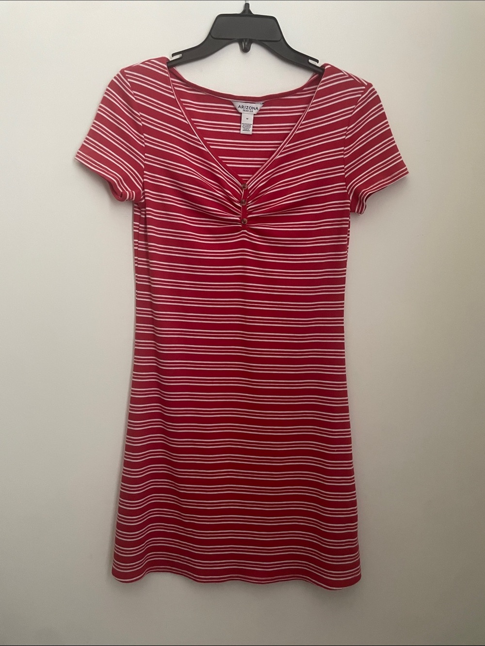 Arizona Y2K Knit Red White Striped Dress Women’s Medium 3 Button Ruched Bust